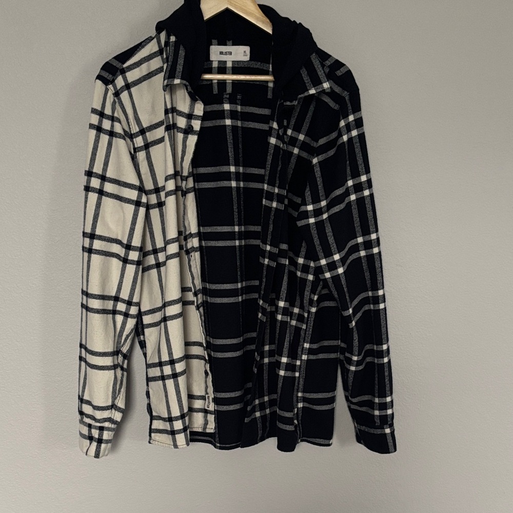 Hollister Split Design Black/Off White Hooded Flannel Shirt Jacket Plaid Size XL